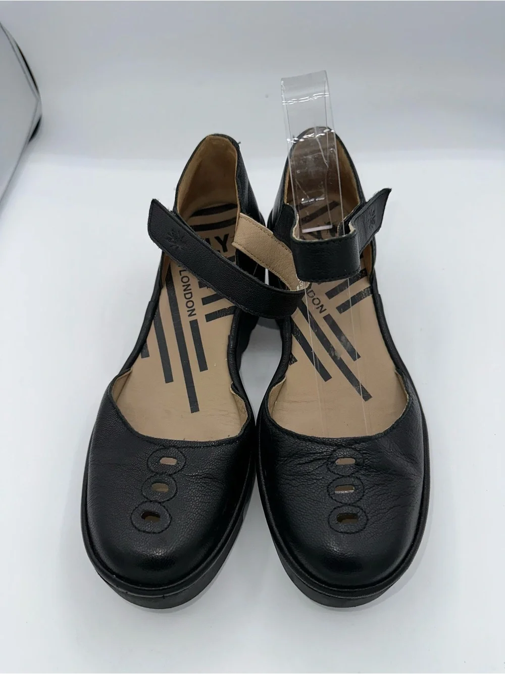Fly London BISO305FLY Leather Wedge Sandals Black Leather Shoes Strap Sz 38 AA28